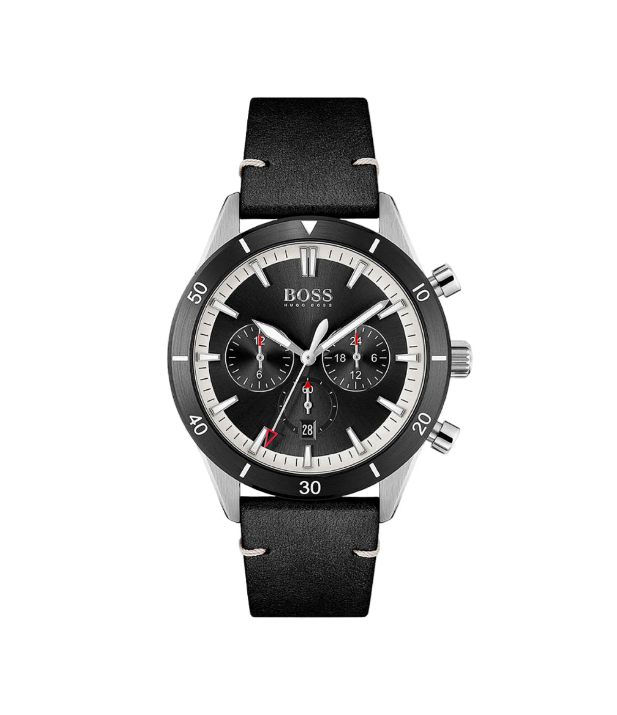 1513864 BOSS by Hugo Boss Black Leather Men's Chronograph Watch front dial view with black dial, baton hour markers, and date window at Time Vault