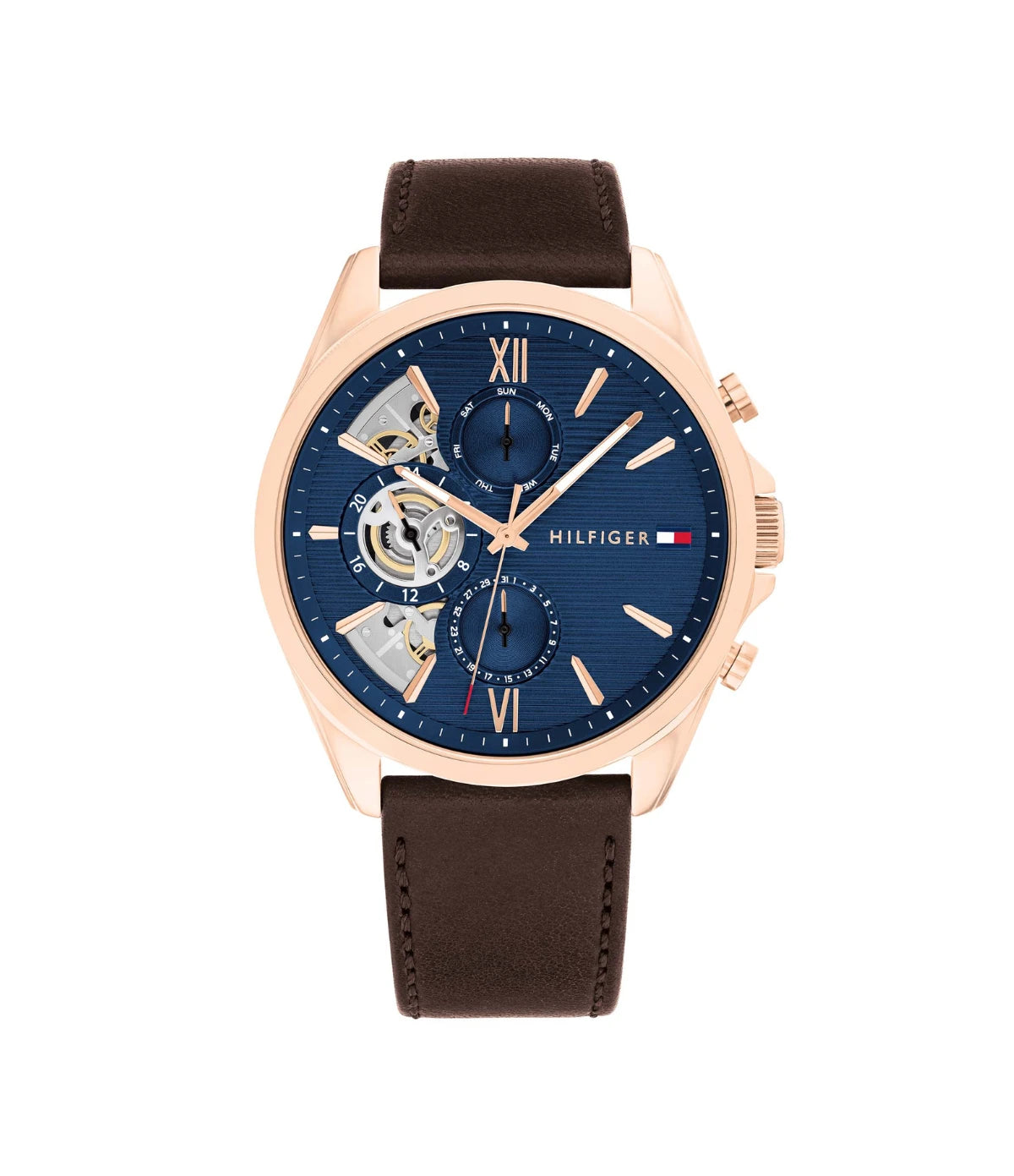 1710645 Tommy Hilfiger Baker Men's Multifunction Watch front dial view with navy blue dial, rose gold accents, and day date sub-dials at Time Vault