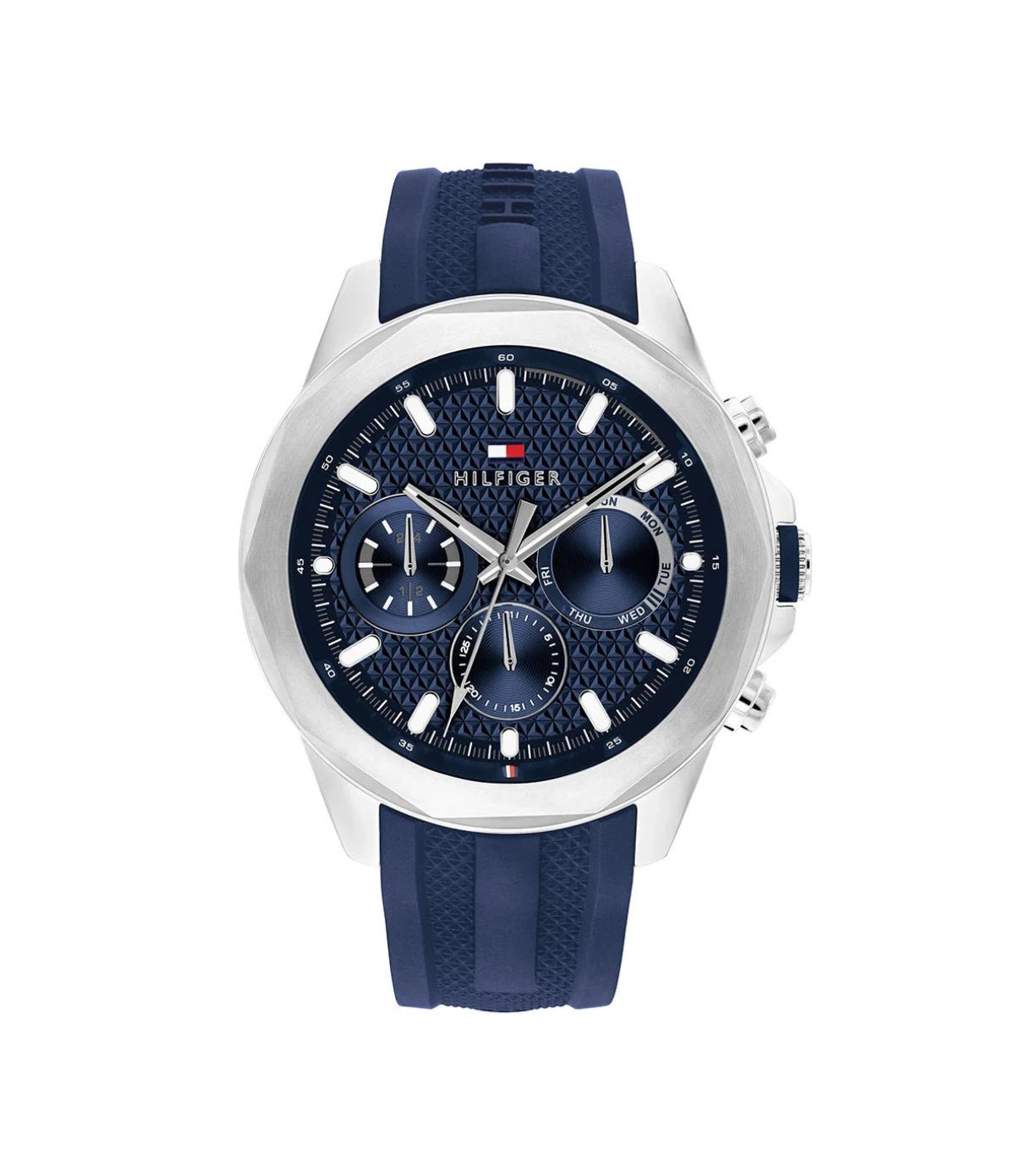1710649 Tommy Hilfiger Lars Multifunction 46mm Watch front dial view with textured blue dial, luminous indices, and multifunction sub-dials at Time Vault