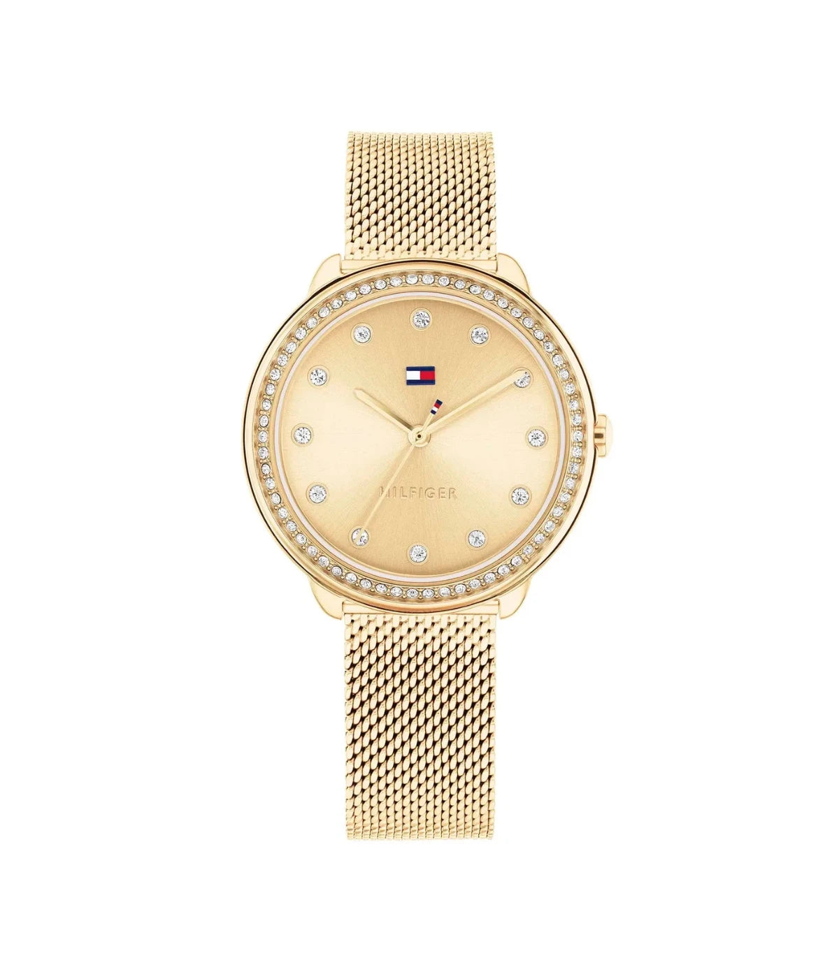 1782699 Tommy Hilfiger Demi Women's Gold Watch front dial view with gold sunray dial, crystal-set indices, and elegant gold-tone hands at Time Vault