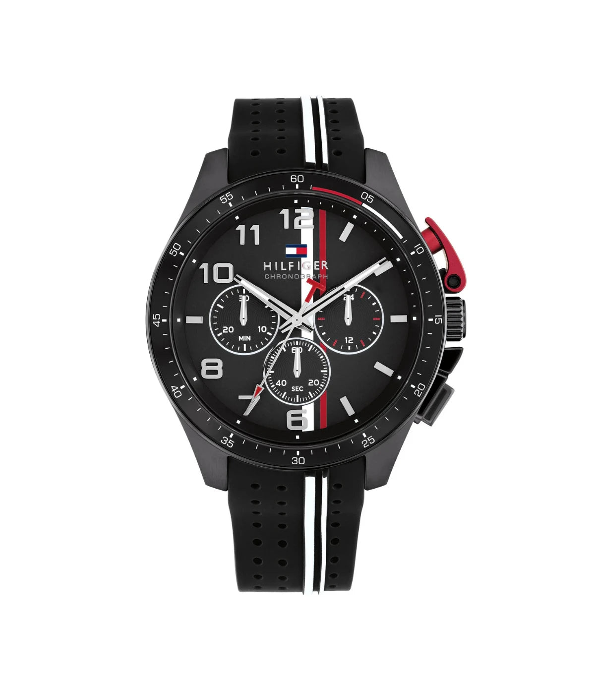 1792168 Tommy Hilfiger Bank Chronograph Watch front dial view with semi-matte black dial, CD-textured sub-dials, and red-tipped seconds hand at Time Vault