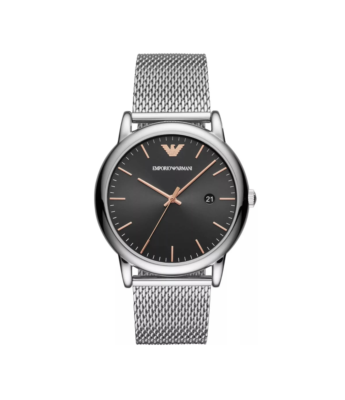 AR11272 Emporio Armani Men's Watch front dial view with black sunray dial, rose gold-tone indexes, and date window at Time Vault
