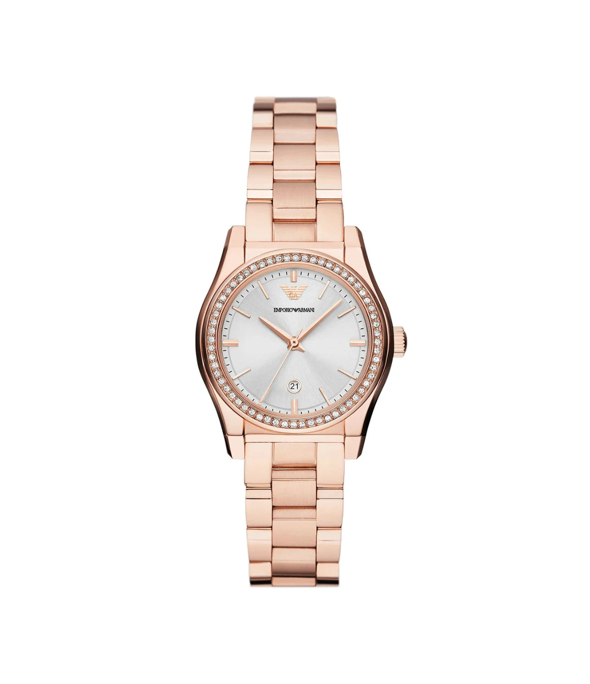 AR11558 Emporio Armani Federica Rose Gold Stainless Steel Watch front dial view with silver mother-of-pearl sunray dial and crystal-set bezel at Time Vault