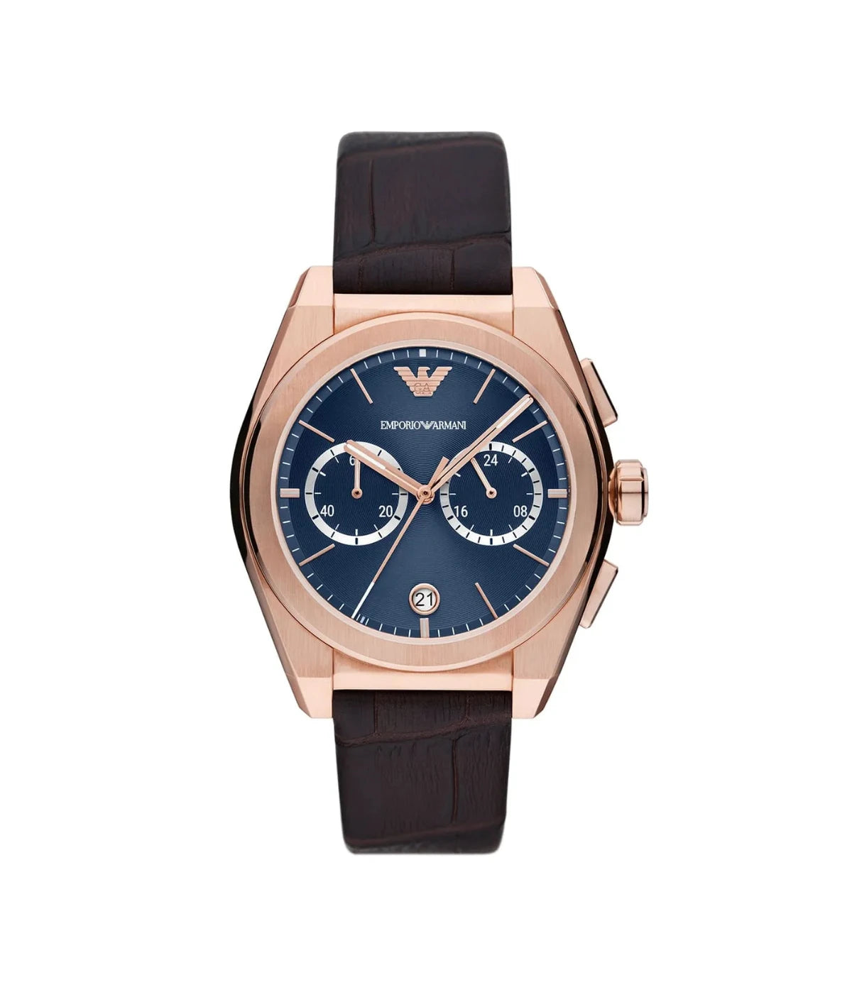 AR11563 Emporio Armani Federico Chronograph Watch front dial view with blue dial, chronograph sub-dials, and date display at Time Vault