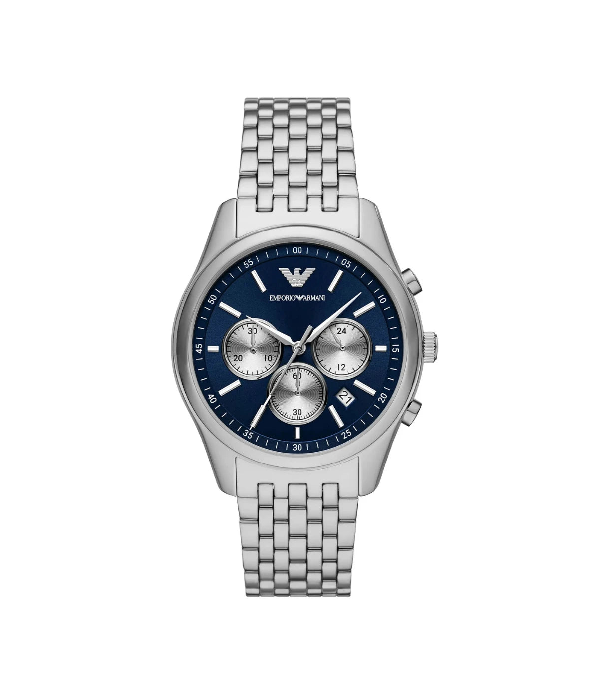 AR11582NLPNLC Emporio Armani Chronograph Stainless Steel Watch front dial view with blue sunray dial, chronograph sub-dials, and date window at Time Vault