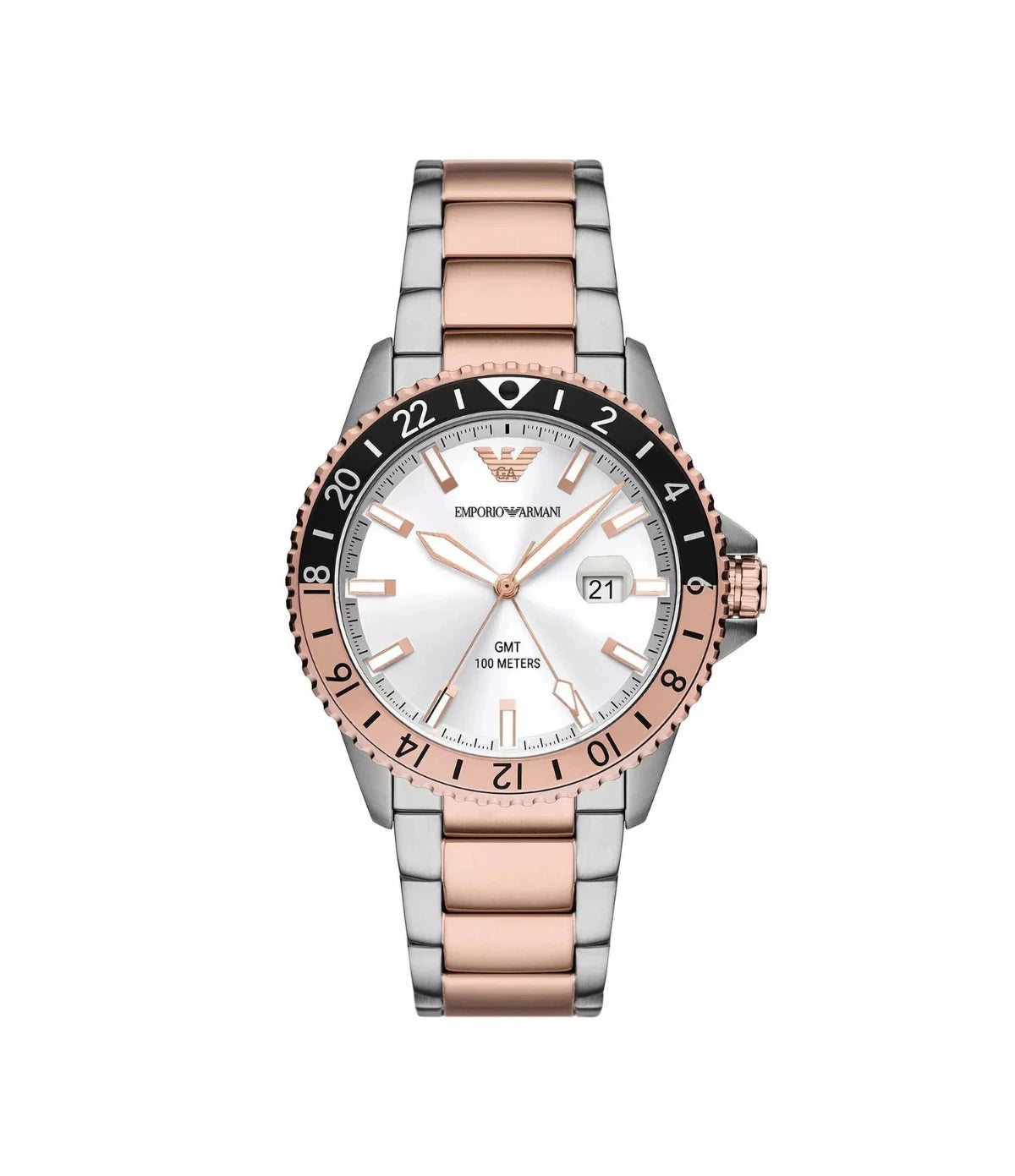 AR11591 Emporio Armani Diver Watch front dial view with white sunray dial, GMT pointer, and rose gold-tone hands at Time Vault