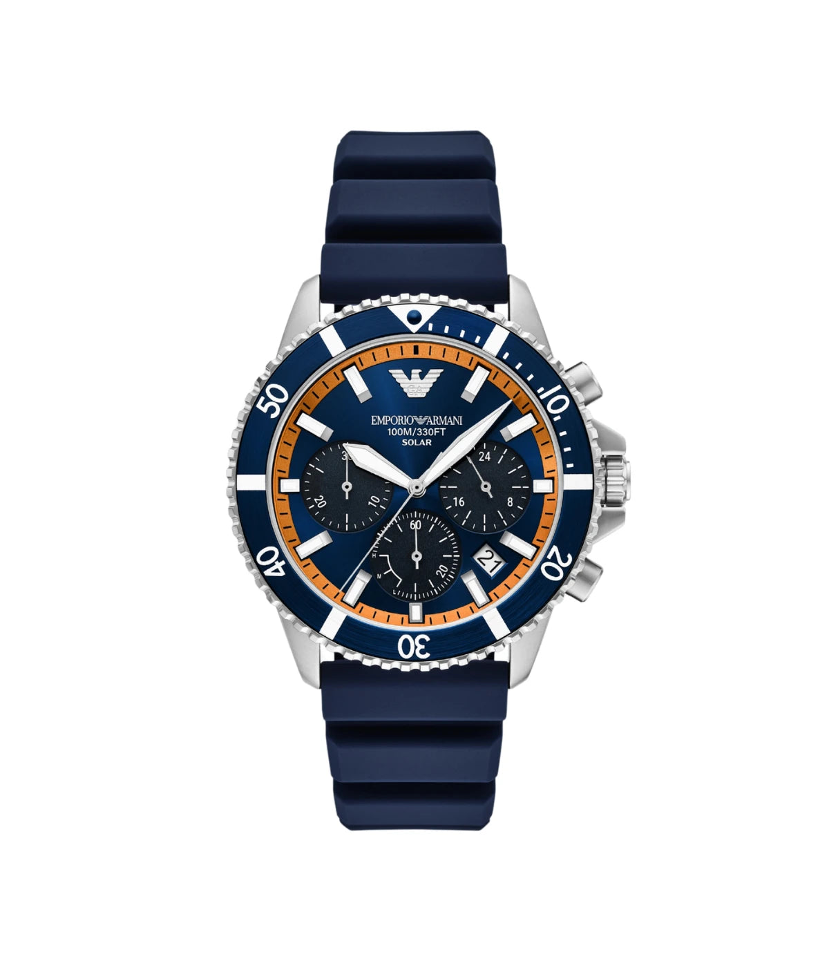 AR11696 Emporio Armani World Explorer Solar-Powered Chronograph Watch front dial view with blue and orange sunray dial and chronograph sub-dials at Time Vault