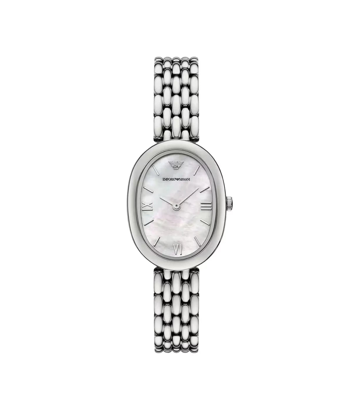 AR11706 Emporio Armani Two-Hand Stainless Steel Watch front dial view with glossy white mother-of-pearl dial and Roman numeral indexes at Time Vault