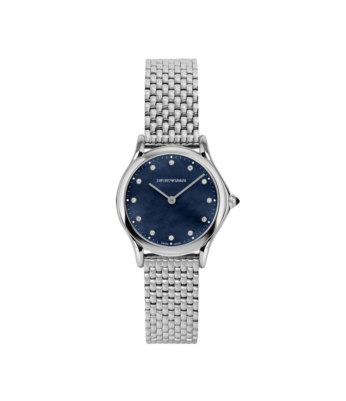 ARS7507 Emporio Armani Watch For Women front dial view with blue mother-of-pearl dial and diamond hour markers at Time Vault