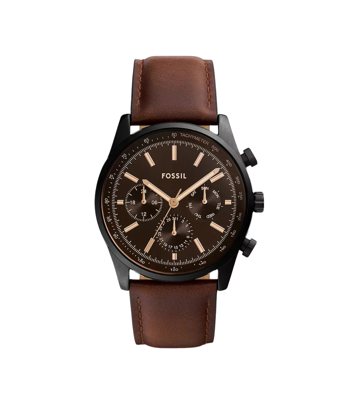 BQ2457 Fossil Sullivan Men's Multifunction Leather Watch Brown front dial view with black sunray dial, true amber crystal, and multifunction sub-dials at Time Vault