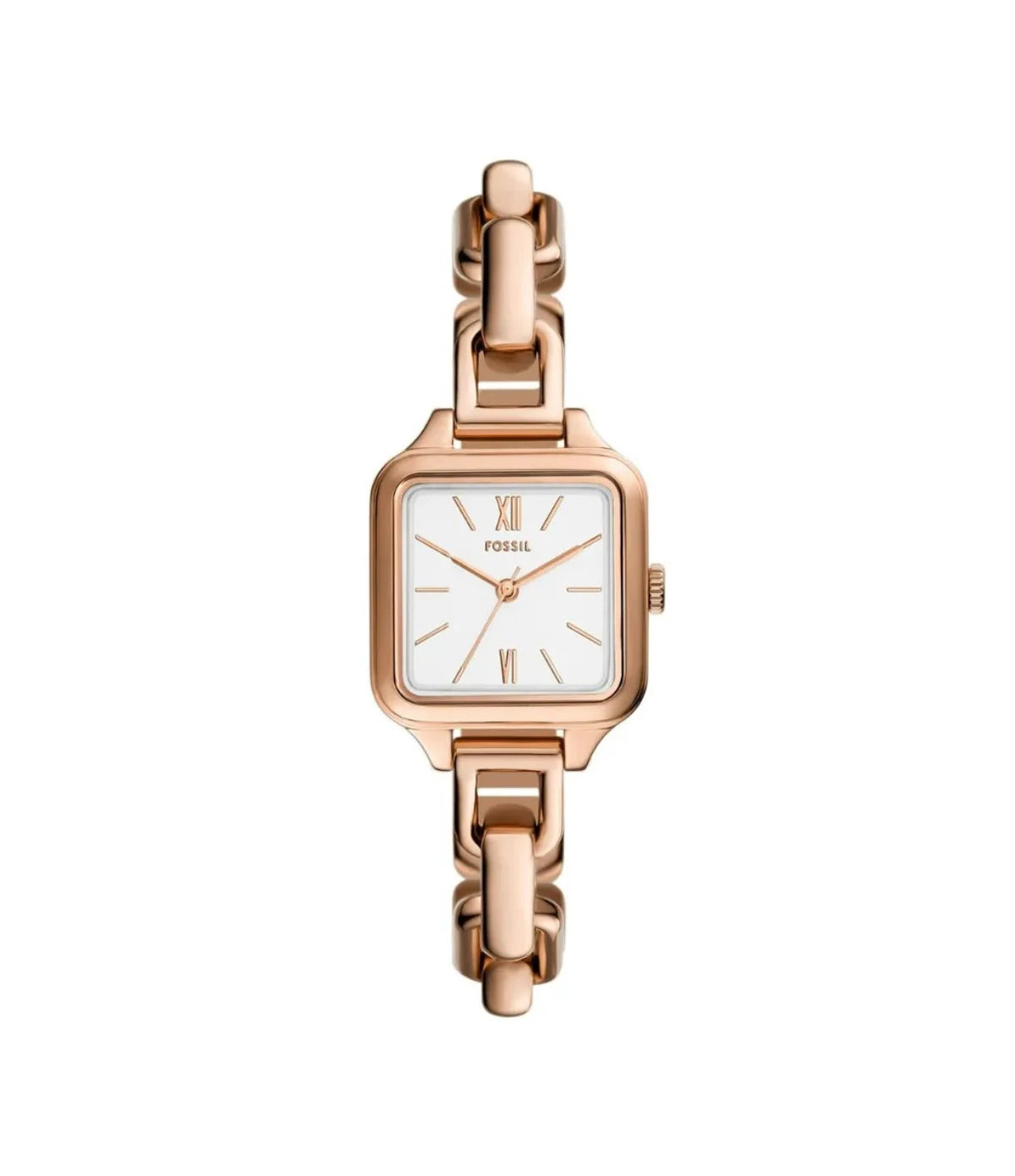 BQ5009 Fossil Colleen Three-Hand Rose Gold Stainless Steel Watch front dial view with square case, crisp white semi-gloss dial at Time Vault