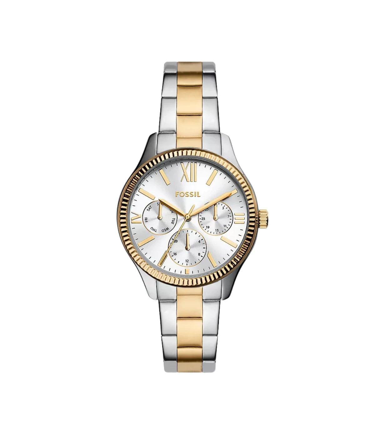 BQW3762 Fossil Rye Multifunction Two-Tone Stainless Steel Watch front dial view with shimmering silver sunray dial and rose gold-tone accents at Time Vault