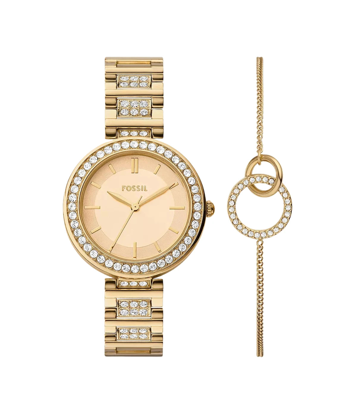 BQW3903SET Fossil Karli Three-Hand Gold-Tone Watch and Bracelet Set front dial view with gold CD-finish matte dial at Time Vault
