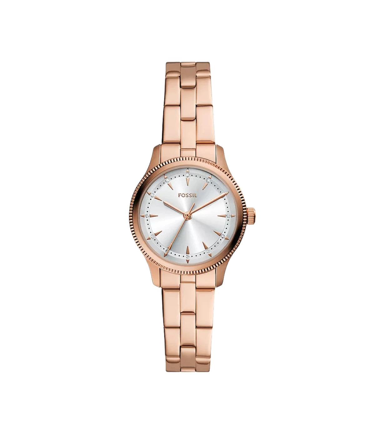 BQW8017 Fossil Brynn Three-Hand Rose Gold-Tone Stainless Steel Watch front dial view with silver sunray dial at Time Vault