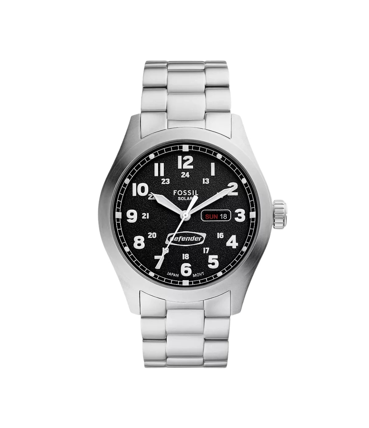 FS5976 Fossil Defender Solar-Powered Stainless Steel Watch front dial view with black matte textured dial and date window at Time Vault