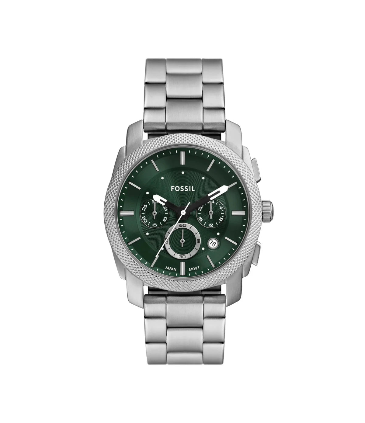 FS6079 Fossil Machine Chronograph Stainless Steel Watch front dial view with green satin CD-textured dial and chronograph sub-dials at Time Vault