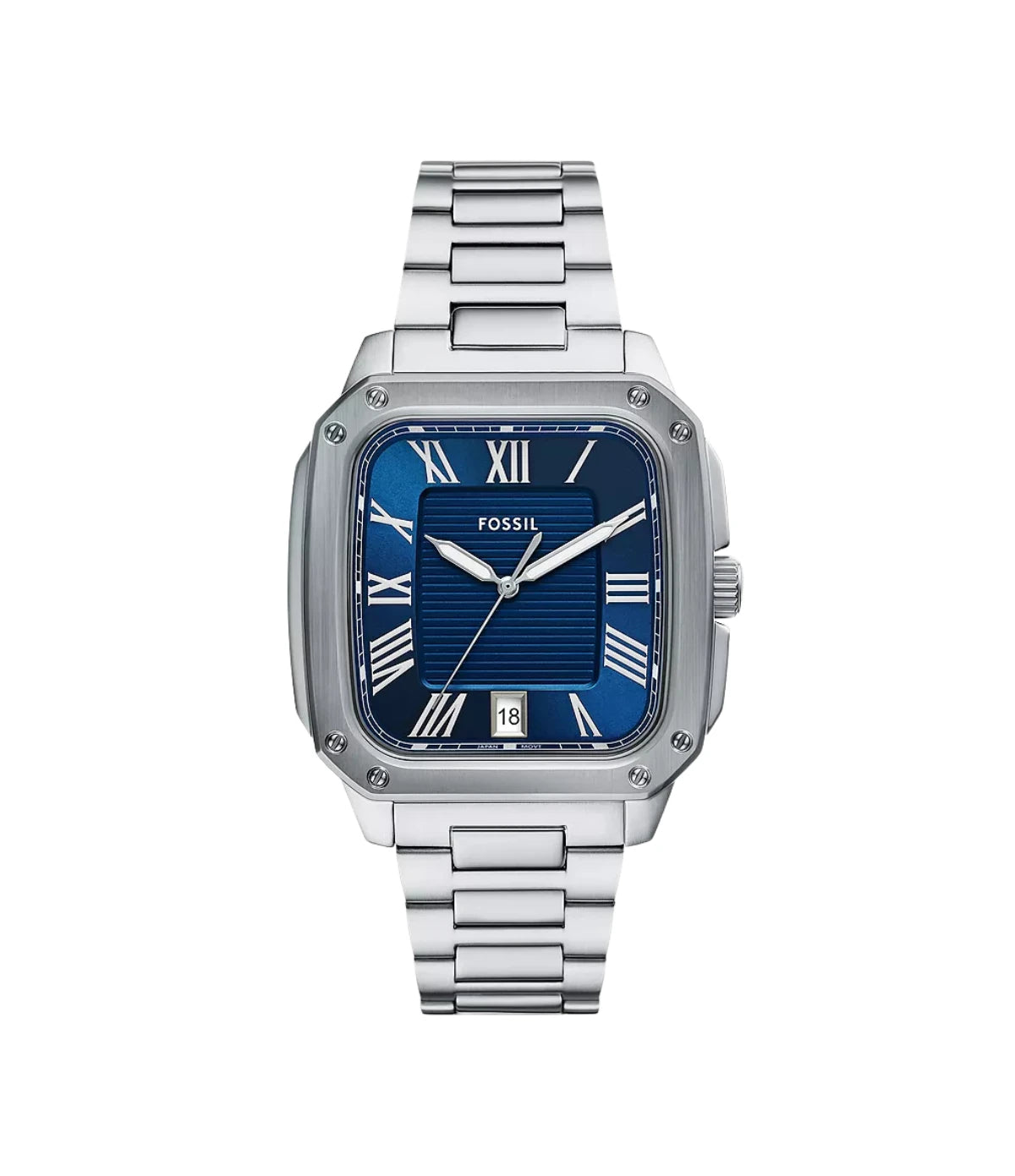 FS6121 Fossil Crosby Three-Hand Date Stainless Steel Watch front dial view with blue satin sunray rectangular dial and date window at Time Vault
