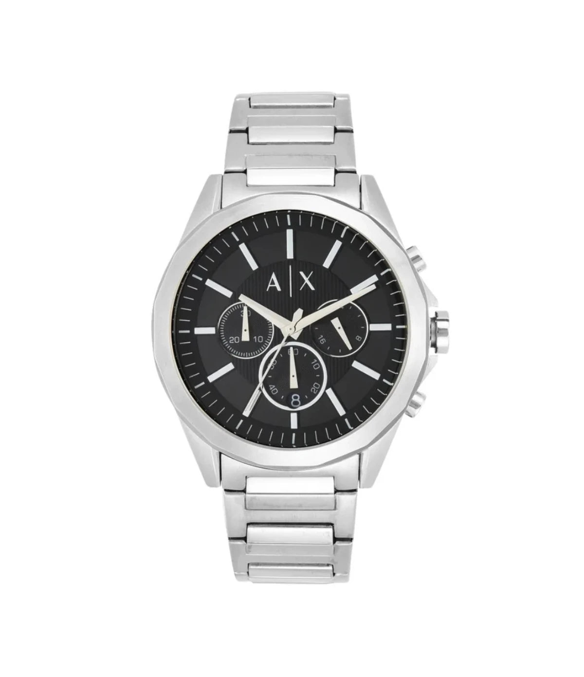 Armani Exchange AX2600 watch front view showing black dial with minimalist chronograph markers and stainless steel case, available at Timevault