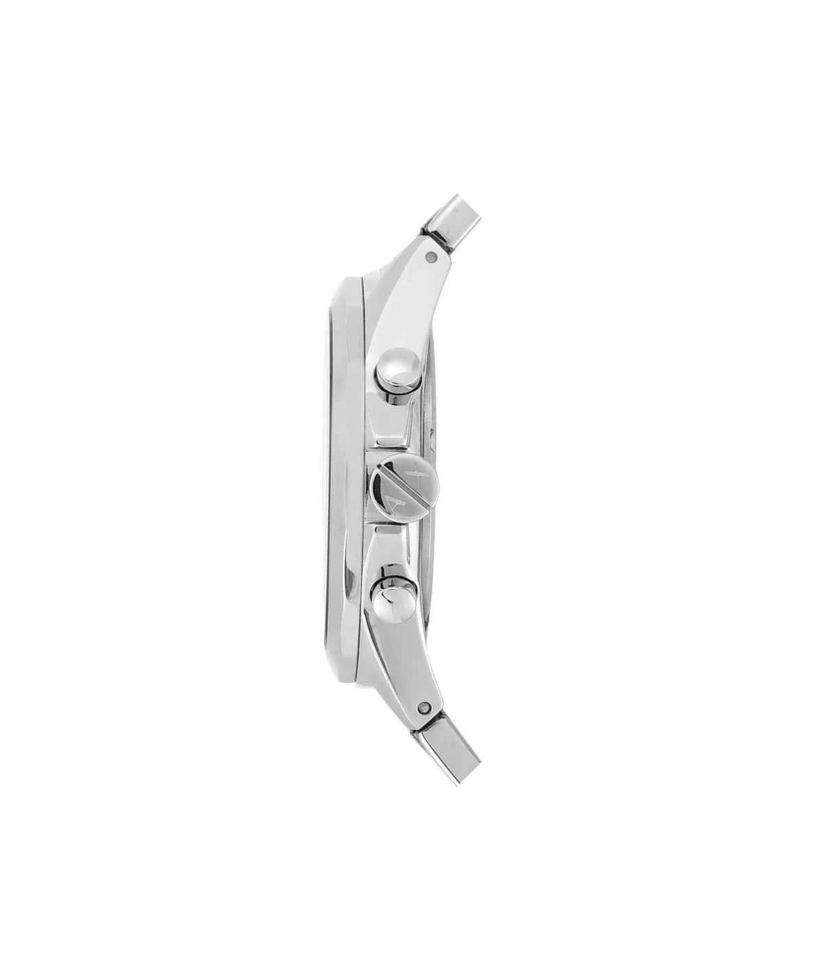 Side profile of Armani Exchange AX2600 watch showing polished stainless steel case and button detailing with slim design, available at Timevault