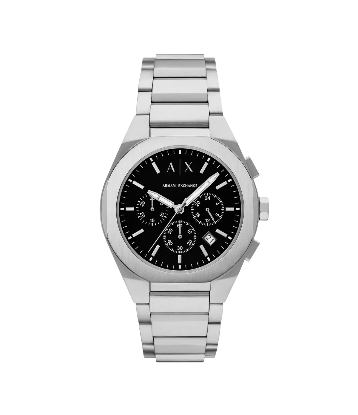 Armani Exchange Rafael AX4182 watch front view showing black dial with chronograph detailing and stainless steel case, available at Timevault