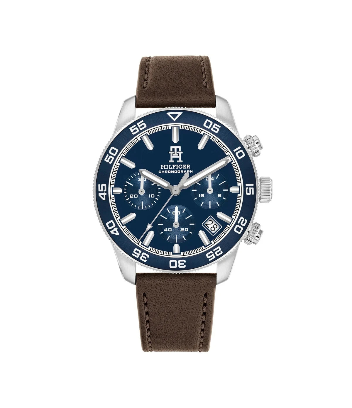 1792163 Tommy Hilfiger TH85 Mens Brown Leather Strap Chronograph Watch front dial view featuring chronograph sub-dials, stainless steel case, and brown leather strap at Time Vault Sri Lanka