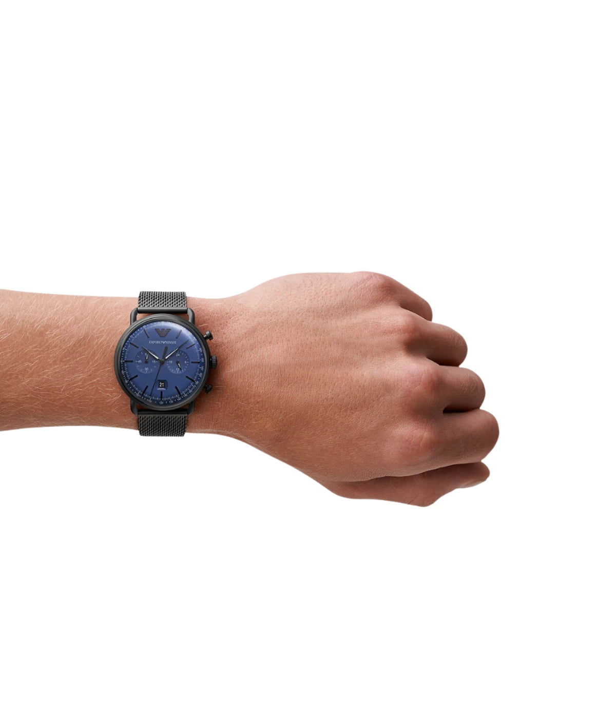 AR11201 Emporio Armani Men's Chronograph Stainless Steel Watch on wrist lifestyle shot styled with elegance from timevault