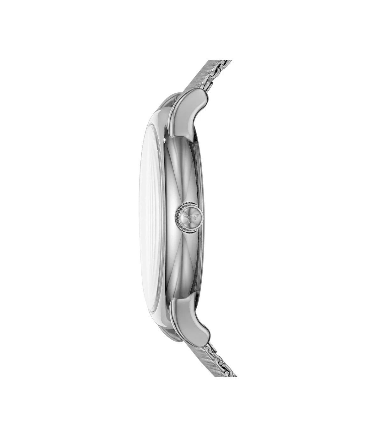 AR11272 Emporio Armani Men's Watch side profile showcasing the polished stainless steel crown and slim case at TimeVault