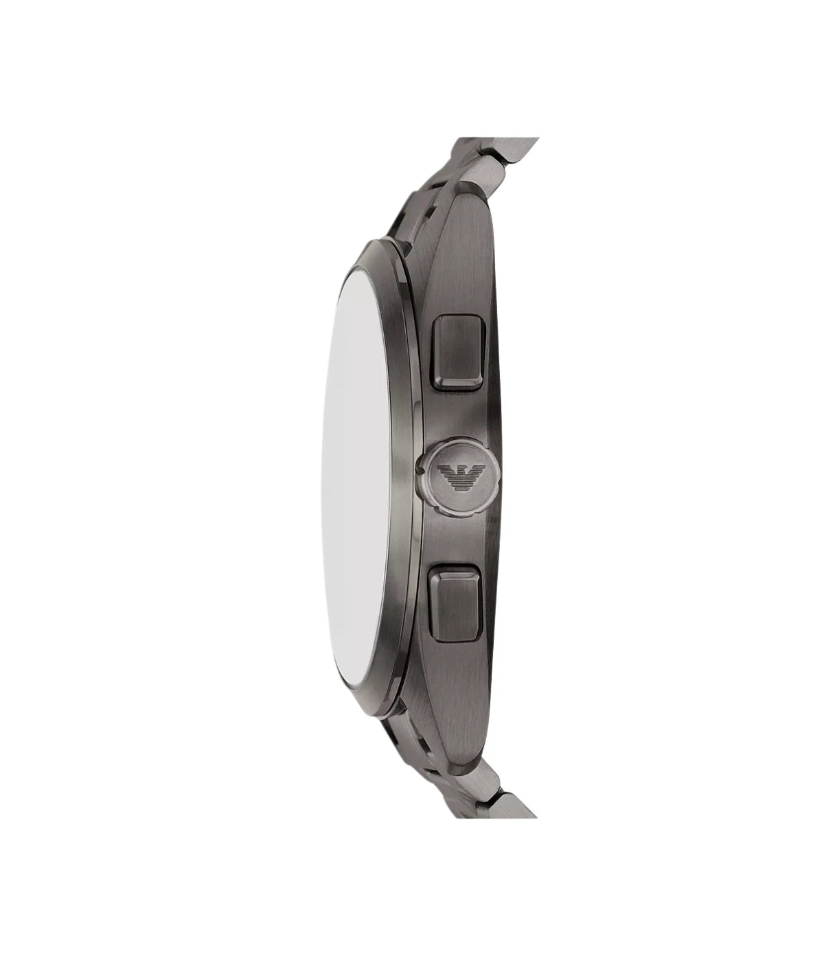 AR11481 Emporio Armani Chronograph Gunmetal Stainless Steel Watch side profile showcasing the polished gunmetal crown and chronograph pushers at TimeVault