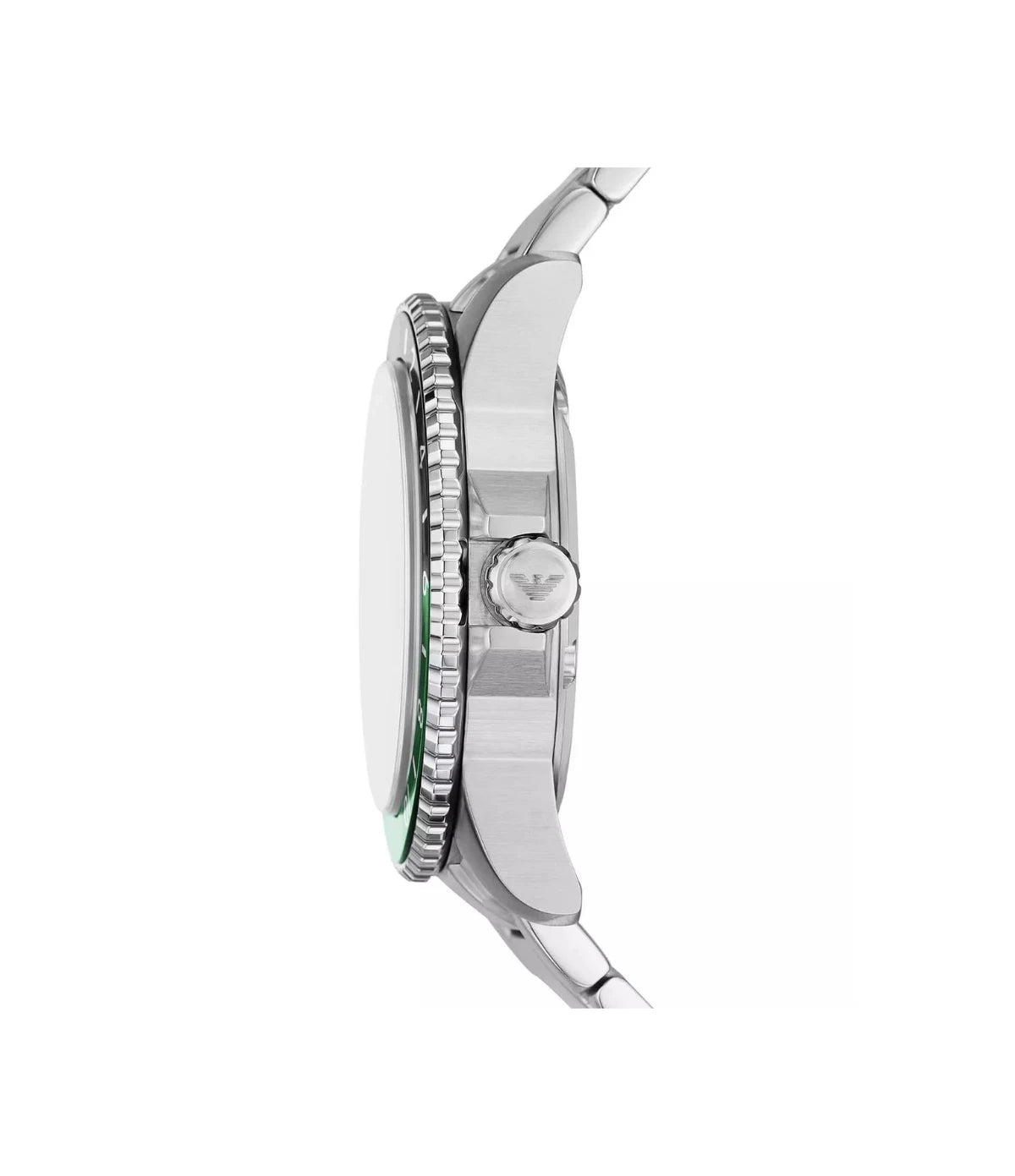 AR11589 Emporio Armani Diver Men's Stainless Steel Watch side profile showcasing the polished crown and rotating black-green bezel at TimeVault