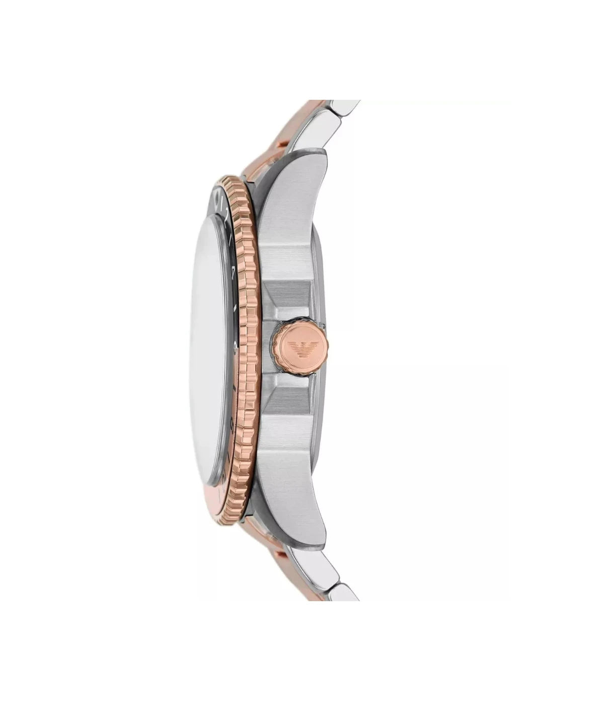 AR11591 Emporio Armani Diver Watch side profile showcasing the screw-down crown and rotating two-tone bezel at TimeVault