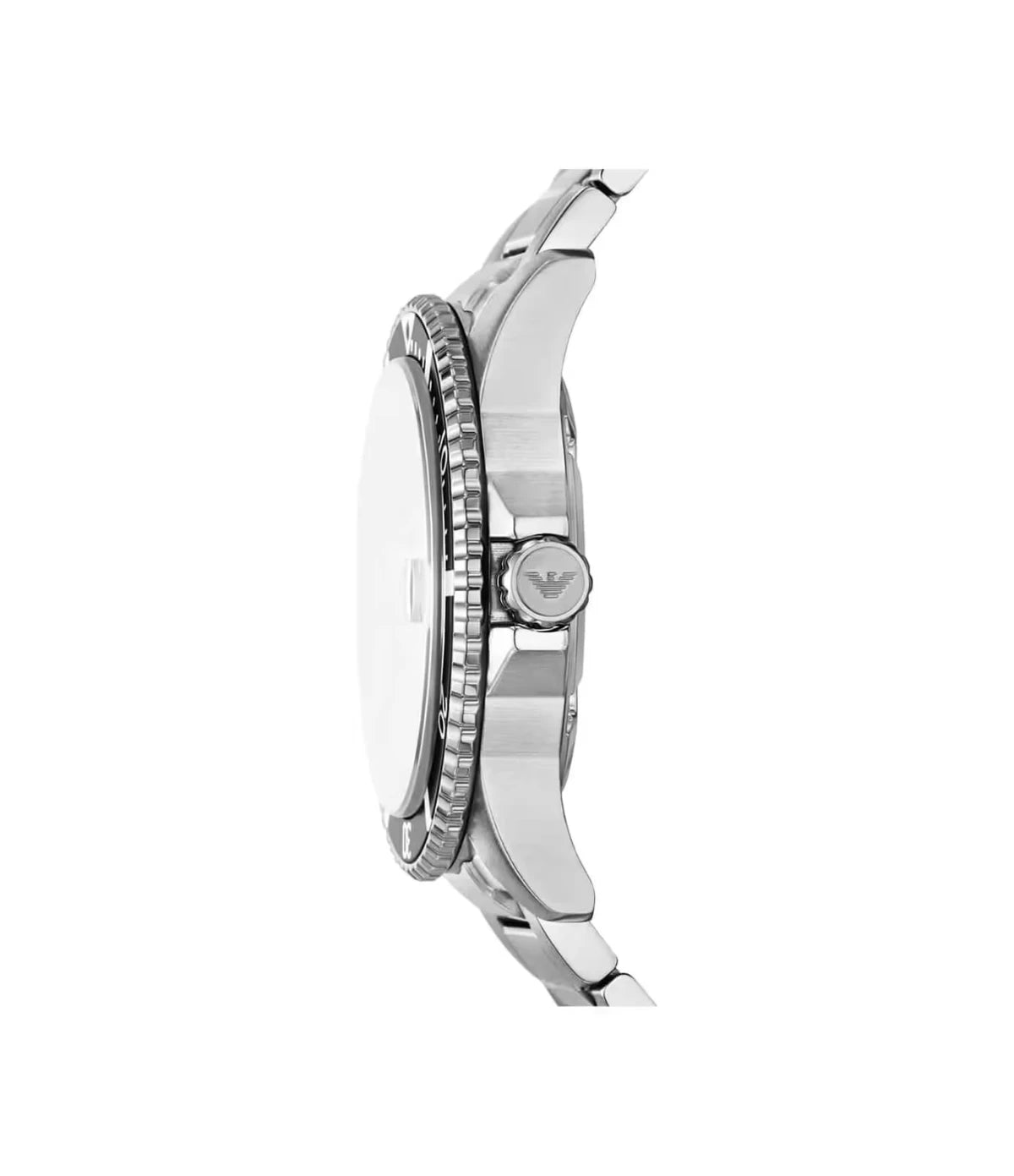 AR11683 Emporio Armani World Explorer Stainless Steel Watch side profile showcasing the polished crown and chronograph pushers at TimeVault