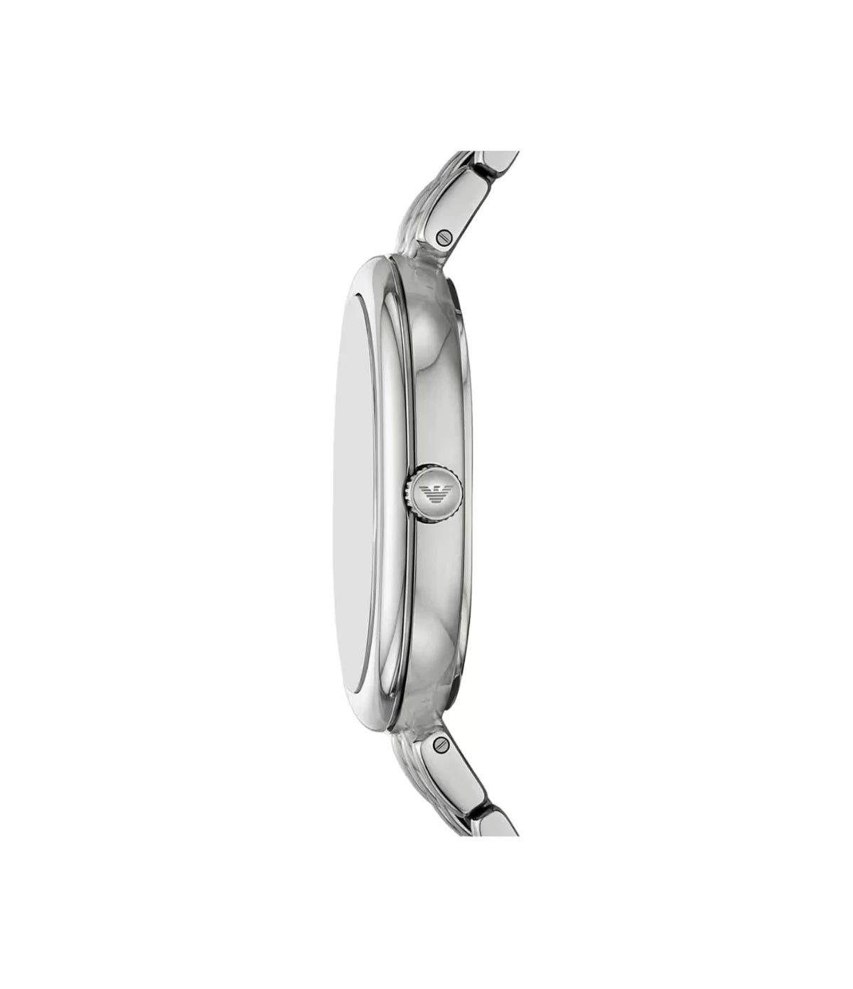 AR11706 Emporio Armani Two-Hand Stainless Steel Watch side profile showcasing the polished crown and distinct oval silver case at TimeVault
