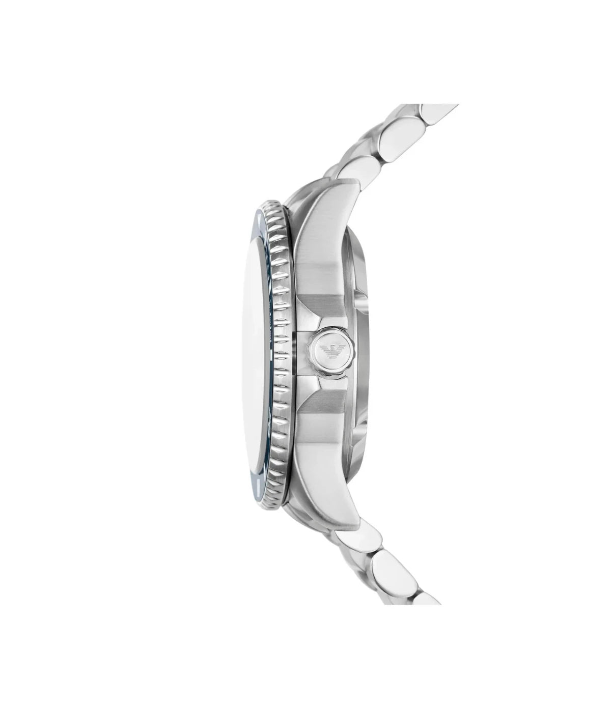 AR60080 and AR60079 Emporio Armani Sea Explorer Automatic Stainless Steel Watch side profile showcasing the screwed crown and unidirectional green aluminum bezel at TimeVault