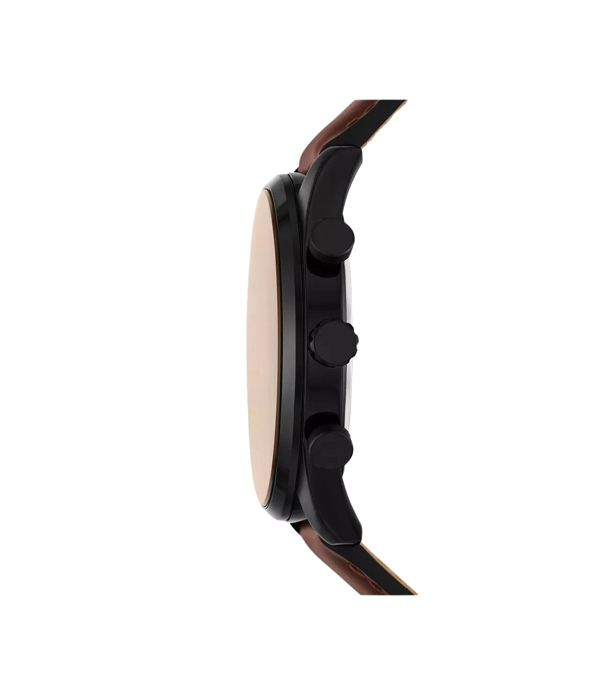 BQ2457 Fossil Sullivan Men's Multifunction Leather Watch Brown side profile showcasing the textured crown and black stainless steel case at TimeVault