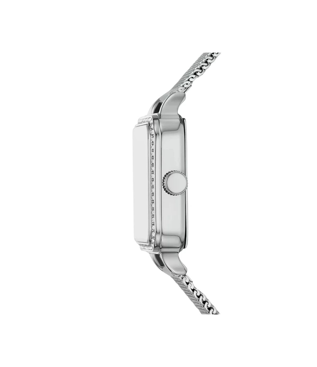 BQ3970 Fossil Colleen Three-Hand Stainless Steel Mesh Watch side profile showcasing the polished silver crown and slim 28mm case at TimeVault