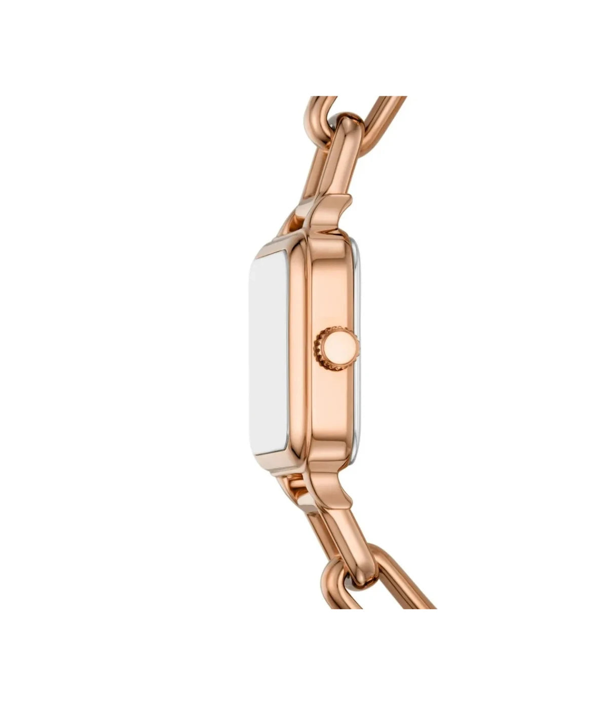 BQ5009 Fossil Colleen Three-Hand Rose Gold Stainless Steel Watch side profile showcasing the polished rose gold crown and slim square case at TimeVault