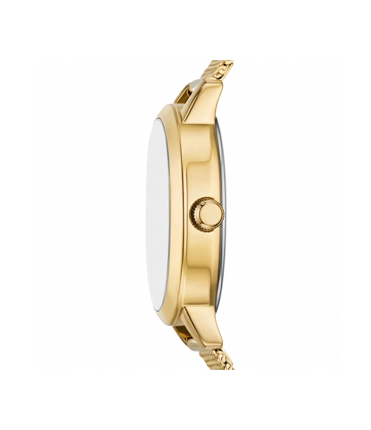 BQW5017 Fossil Penny Three-Hand Gold Stainless Steel Mesh Strap Watch side profile showcasing the polished gold-tone crown and slim 23mm case at TimeVault