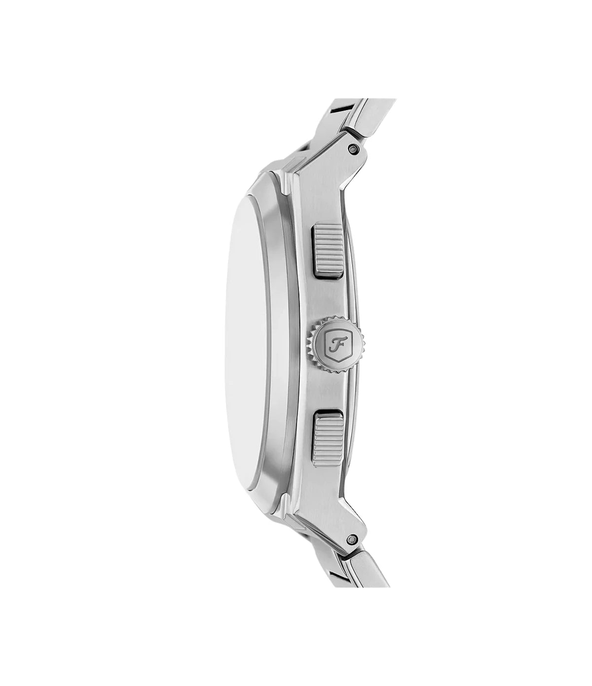 FS6105 Fossil Everett Chronograph Stainless Steel Watch side profile showcasing the silver crown and chronograph pushers on the 44mm case at TimeVault