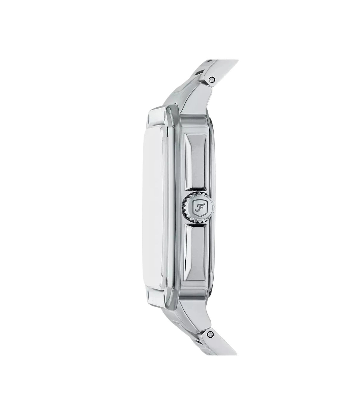 FS6121 Fossil Crosby Three-Hand Date Stainless Steel Watch side profile showcasing the silver crown and sleek rectangular case at TimeVault