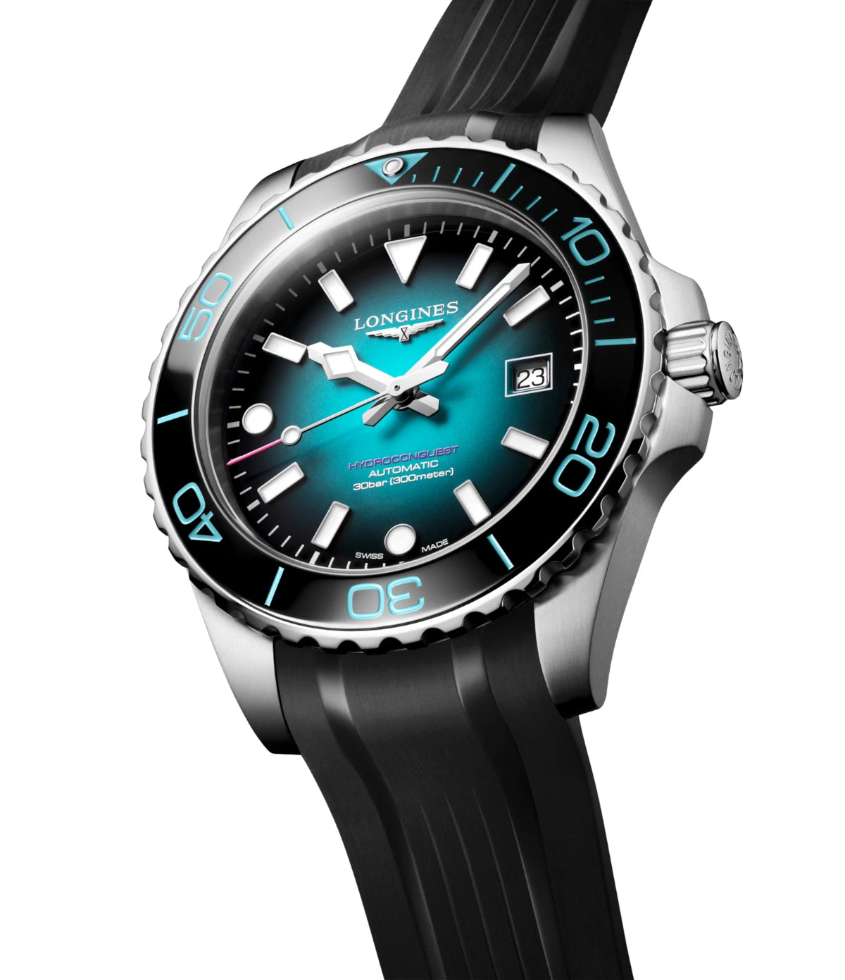 Longines HydroConquest 2026 Commonwealth Games L3.788.4.09.9 angled view showcasing the screw-in crown and unidirectional ceramic bezel at TimeVault
