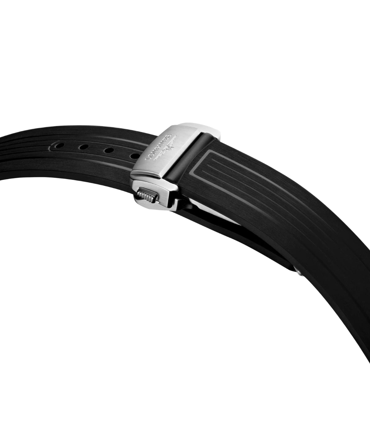 Longines HydroConquest 2026 Commonwealth Games L3.788.4.09.9 close-up black rubber strap with double security folding clasp closed at TimeVault