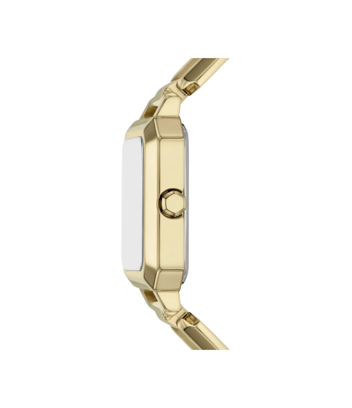 Side profile of the Armani Exchange Leila AX5735 showing the square gold-tone case and bracelet