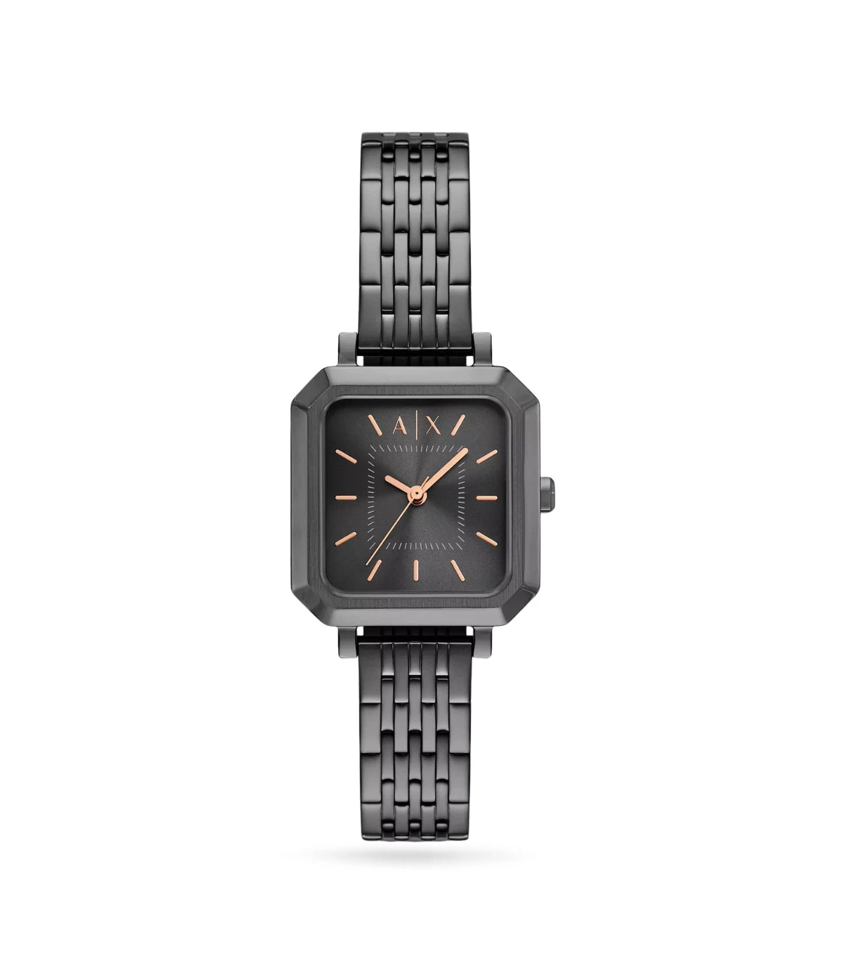 Armani Exchange Leila Gunmetal Watch AX5732 front view - women's rectangular gunmetal watch with black dial, available in Sri Lanka at Time Vault