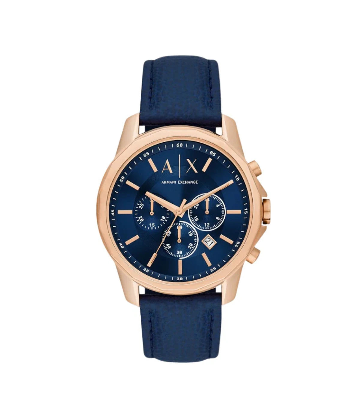 Armani Exchange AX1723 watch front view showing blue dial with matching blue leather strap and refined minimalist markers, available at Timevault