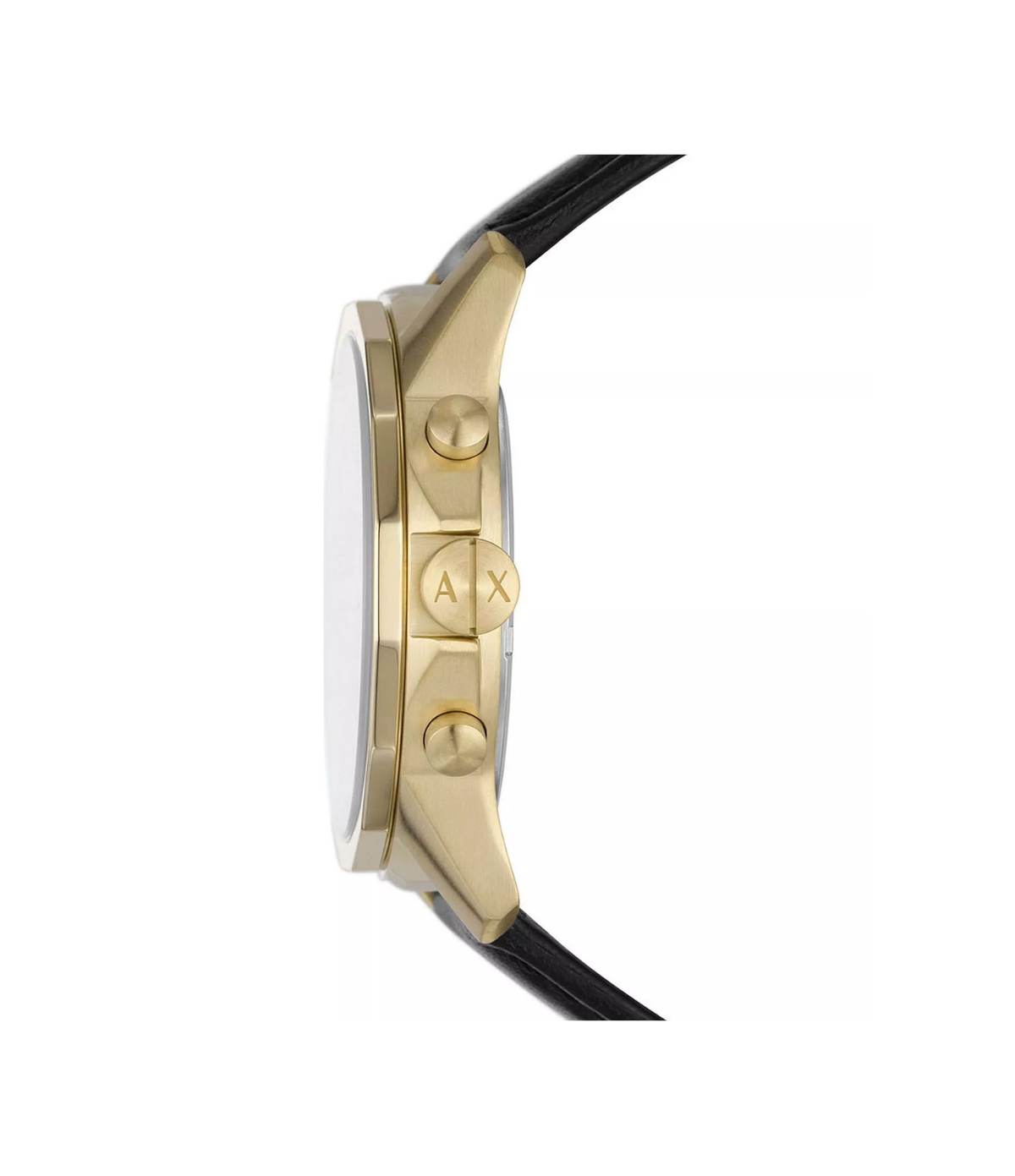 Side profile of Armani Exchange AX7133 chronograph watch showing slim stainless steel case and push buttons, available at Timevault