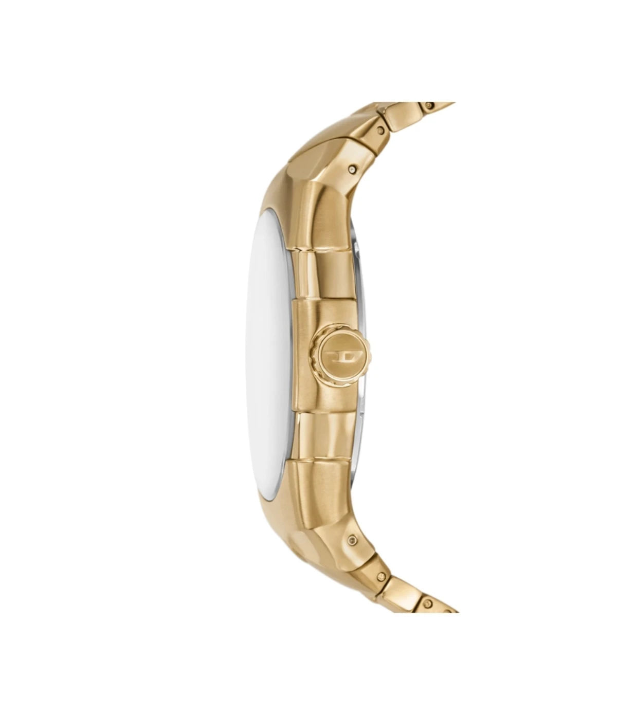 Side profile of the Diesel D-Sruptor DZ2214 showing the gold-tone stainless steel case and bracelet