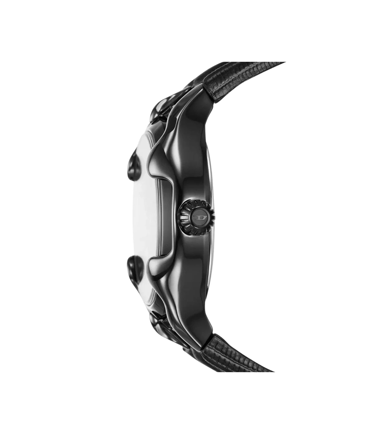 Side profile of the Diesel Vert DZ2193 showing the black stainless steel case and leather strap thickness
