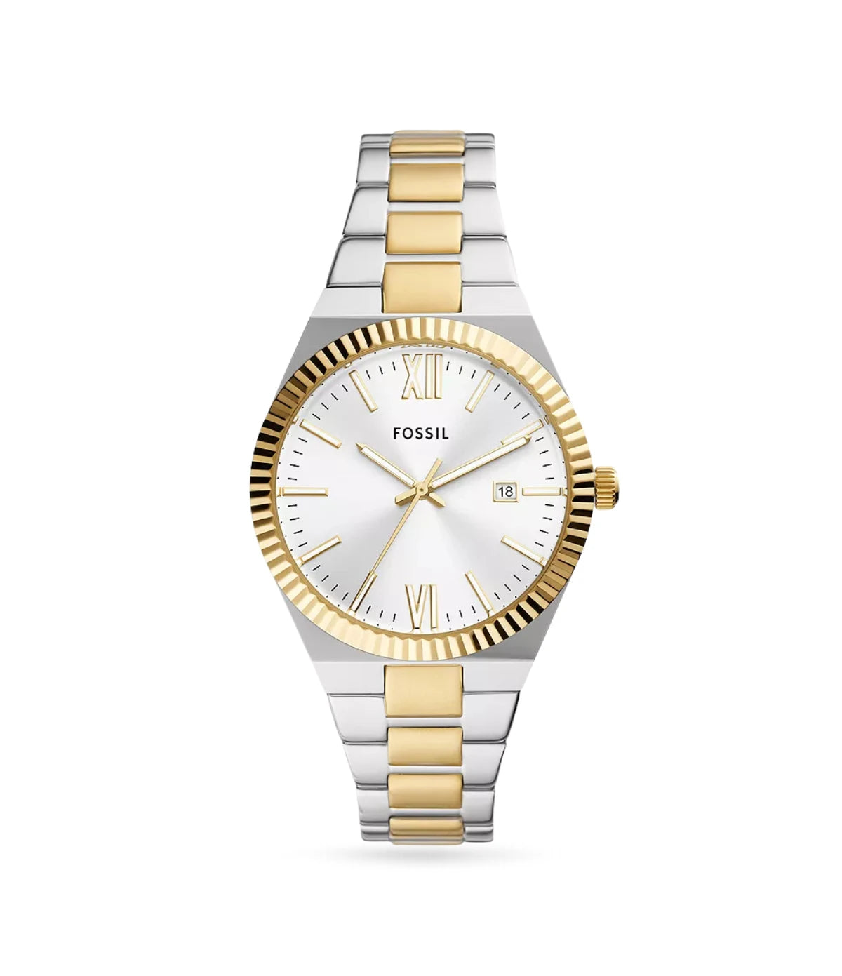 Fossil Scarlette 38mm Three-Hand Date Two-Tone Stainless Steel Watch ES5259 front view - women's silver watch with gold accents, available in Sri Lanka at Time Vault