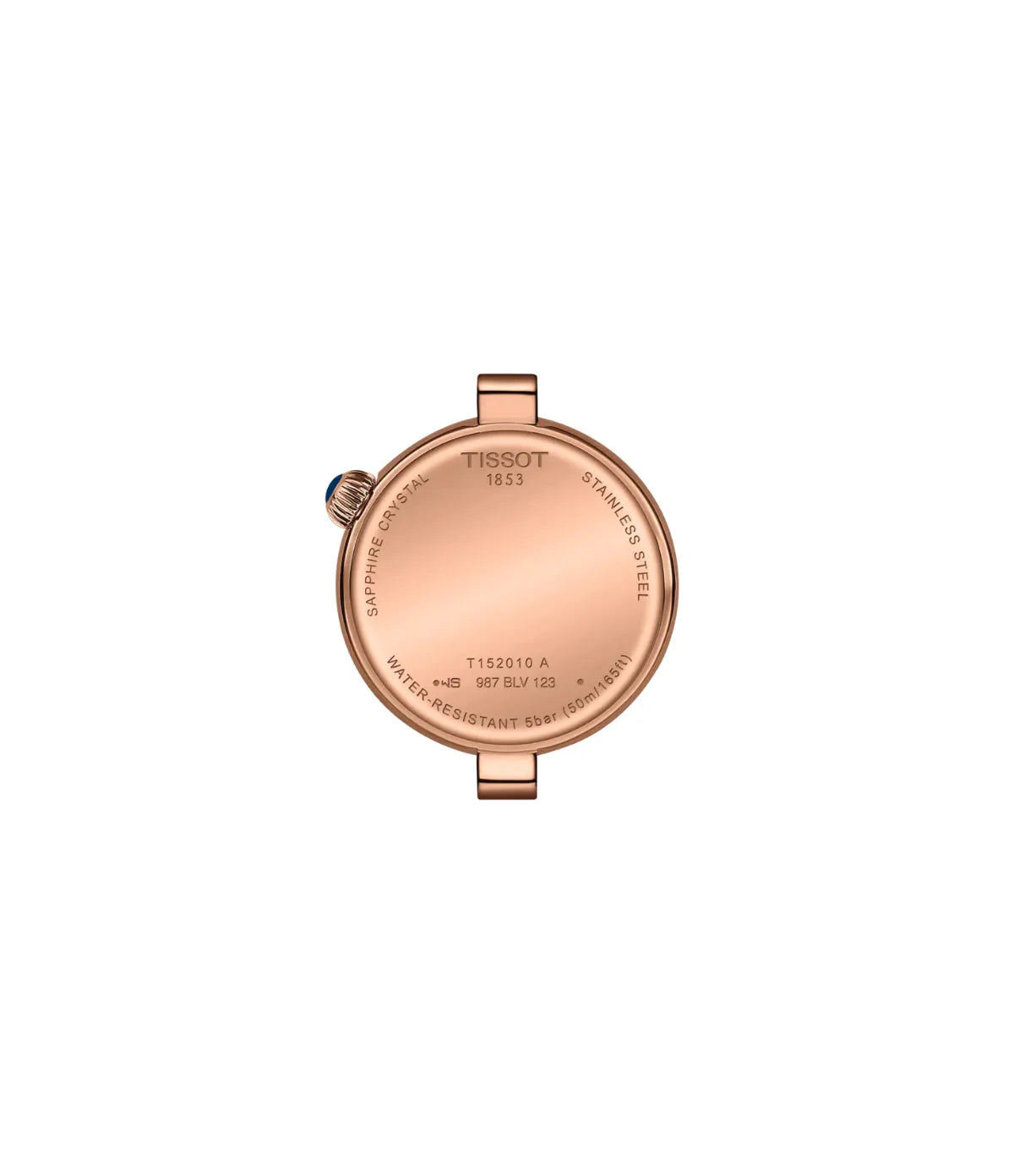 Back view of the Tissot Desir T1520103311801 showing the 316l stainless steel case back and rose gold-tone stainless steel bracelet