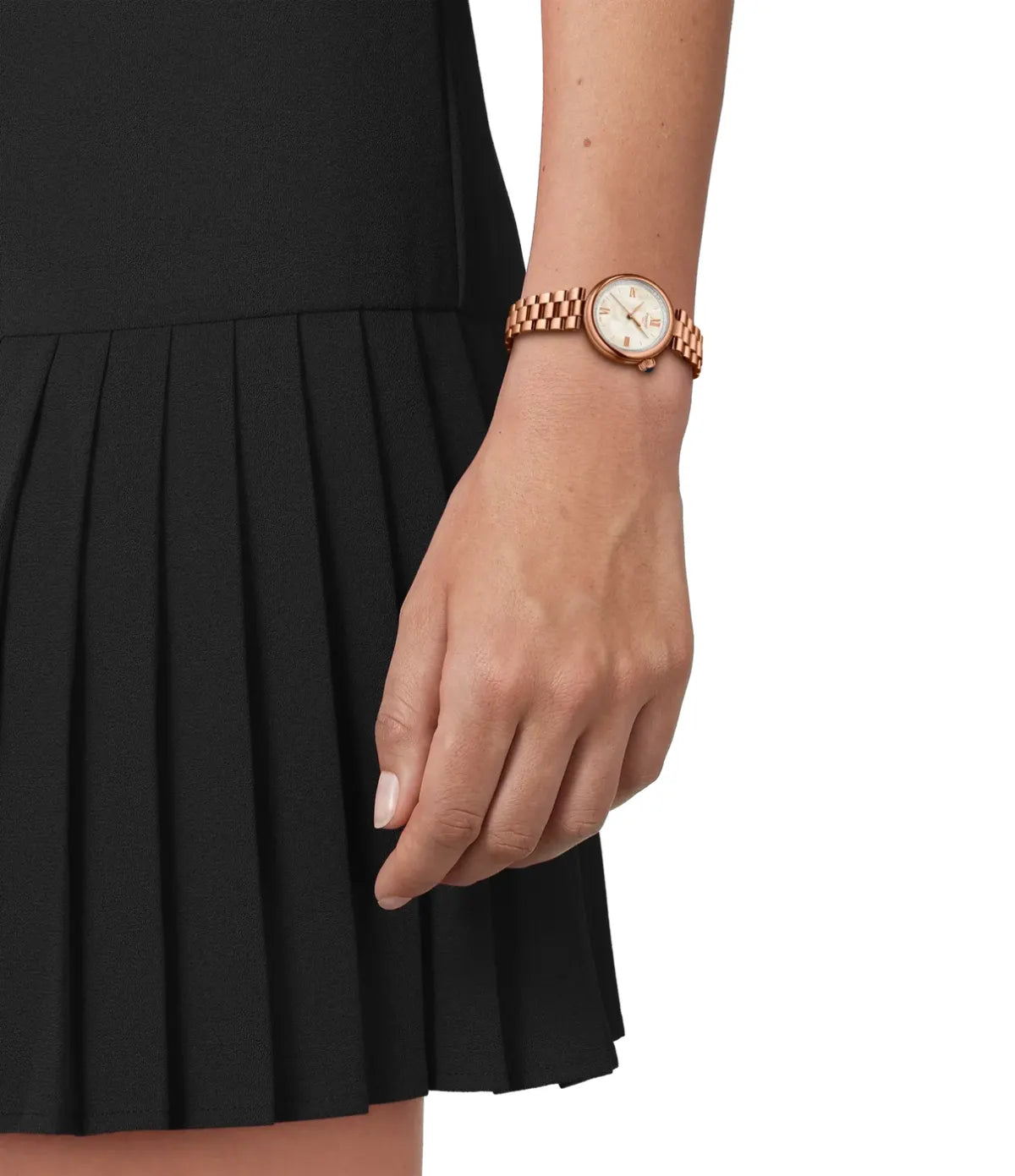 A lady wearingthe Tissot Desir T1520103311801 showing the overall fit of it